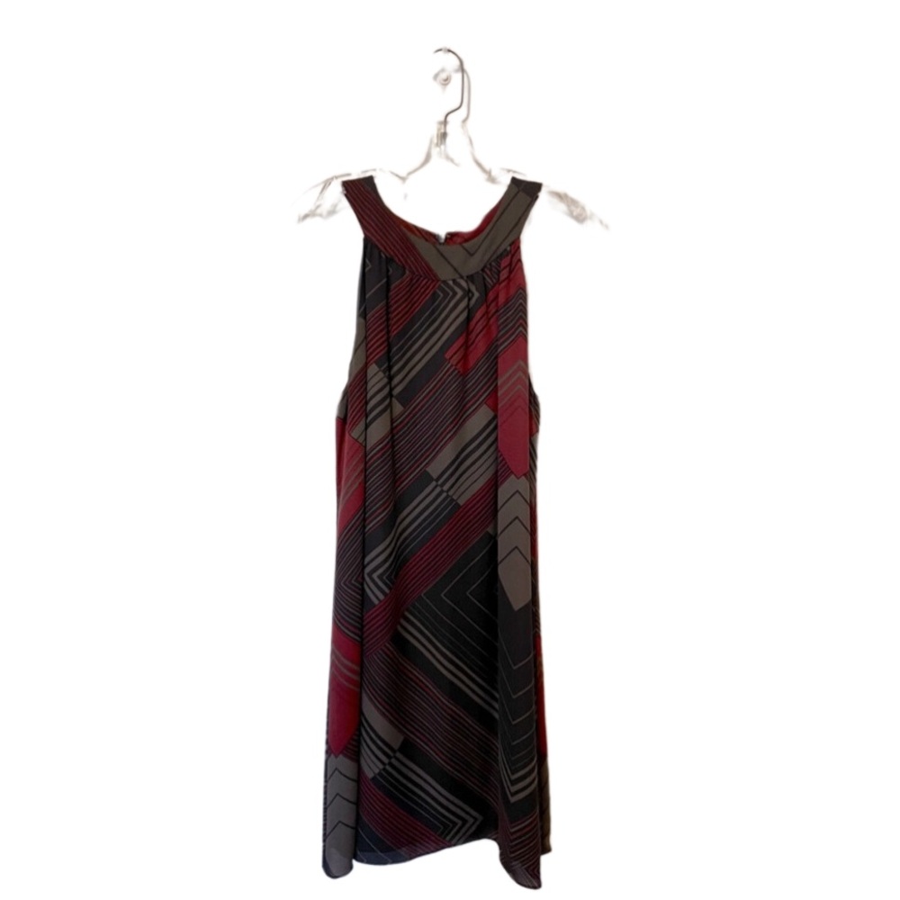 Tahari Sleeveless Dress - Black, Grey, & Burgundy - Geometric Pattern - Size 8